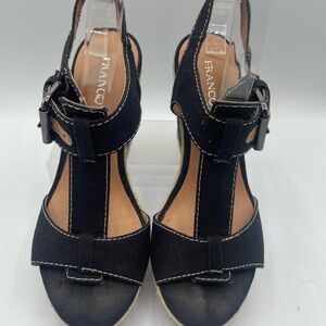 Franco Sarto Black Canvas Wedge Sandals, T strap, buckle side closure size 6.5